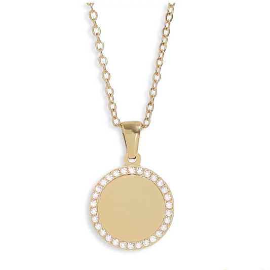 CZ Gold Plated Engraved Disc Necklace